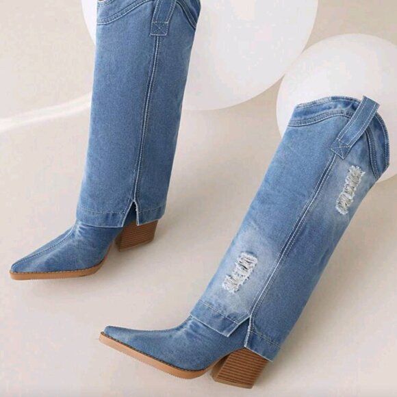 Cowboy Boots New Hole Denim Pointed Toe Knee-High Boots Women Vintage Shaft Boot - Picture 2 of 7